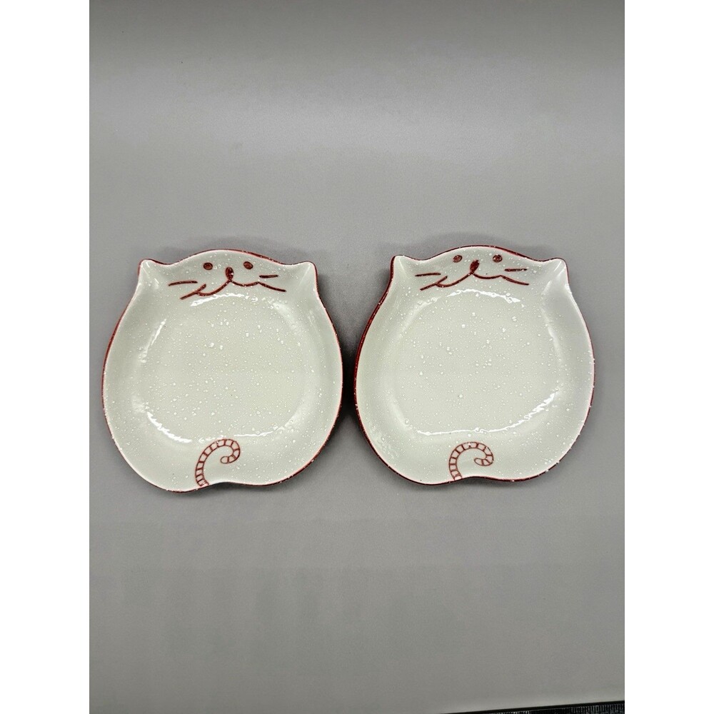 Set of 2 Kafuh Japan Happy Fat Cat Ceramic Red Shallow Dishes 6" Kawaii Plates
